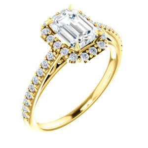 Cubic Zirconia Engagement Ring- The Sunshine (Customizable Emerald Cut Halo Design with Vintage Cathedral Trellis and Thin Pavé Band)