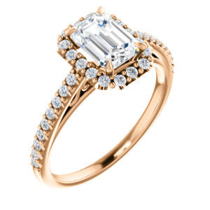 Cubic Zirconia Engagement Ring- The Sunshine (Customizable Emerald Cut Halo Design with Vintage Cathedral Trellis and Thin Pavé Band)