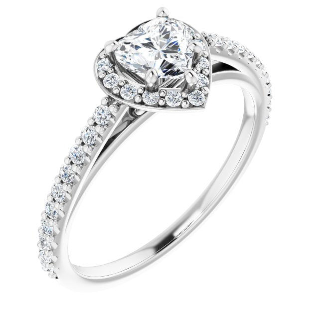 10K White Gold Customizable Heart Cut Design with Halo and Thin Pavé Band