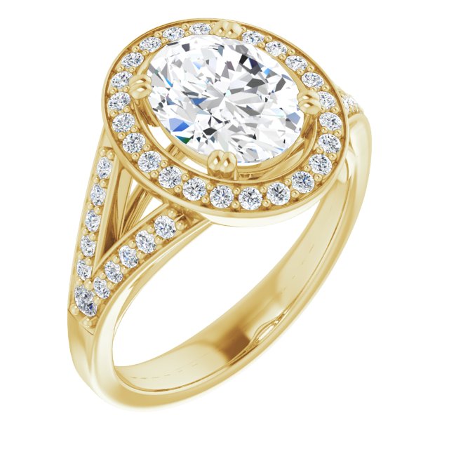 18K Yellow Gold Customizable Cathedral-set Oval Cut Style with Accented Split Band and Halo