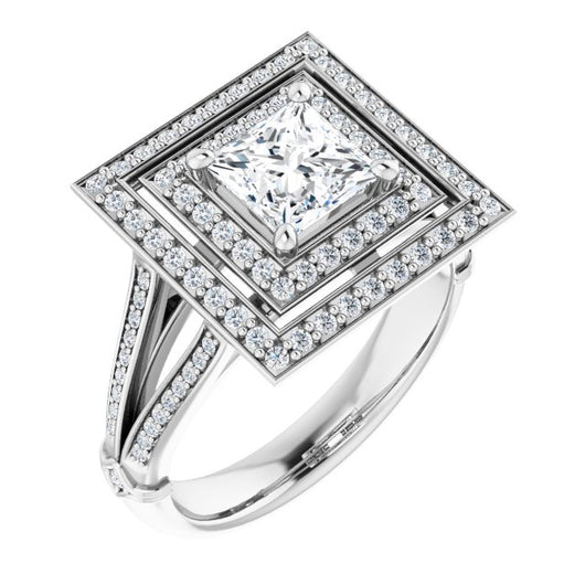 10K White Gold Customizable Cathedral-set Princess/Square Cut Design with Double Halo, Wide Split-Shared Prong Band and Side Knuckle Accents