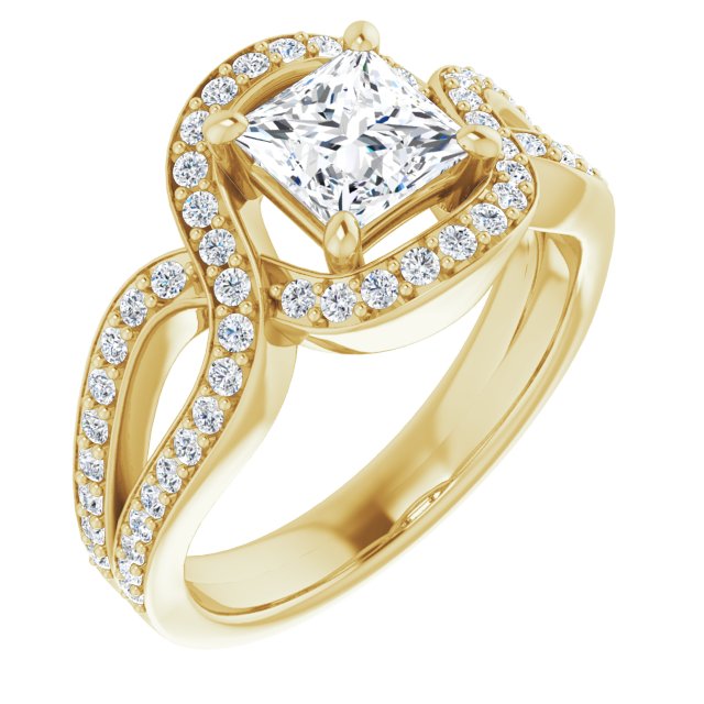 10K Yellow Gold Customizable Princess/Square Cut Center with Infinity-inspired Split Shared Prong Band and Bypass Halo