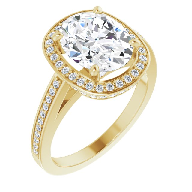 10K Yellow Gold Customizable Cathedral-set Oval Cut Design with Halo, Thin Pavé Band & Round-Bezel Peekaboos