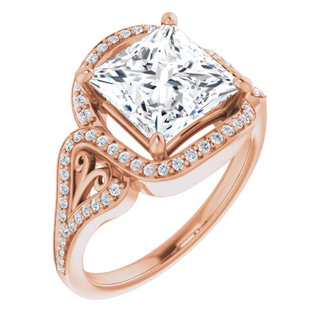 10K Rose Gold Customizable Princess/Square Cut Design with Bypass Halo and Split-Shared Prong Band