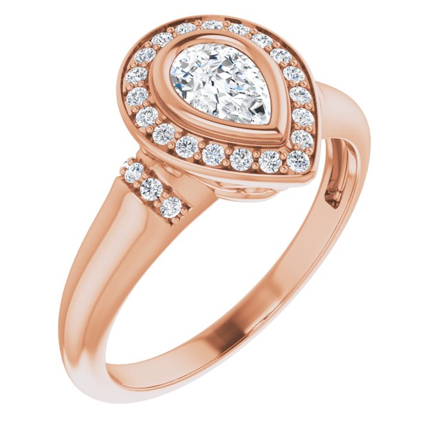 10K Rose Gold Customizable Bezel-set Pear Cut Design with Halo and Vertical Round Channel Accents