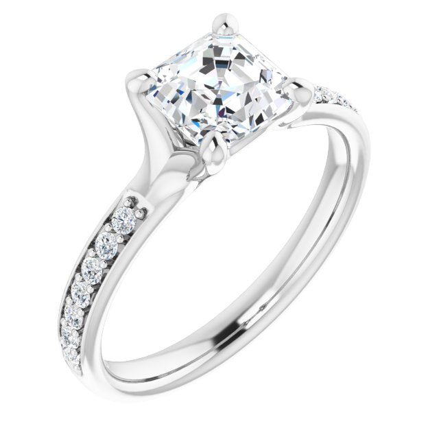 10K White Gold Customizable Heavy Prong-Set Asscher Cut Style with Round Cut Band Accents