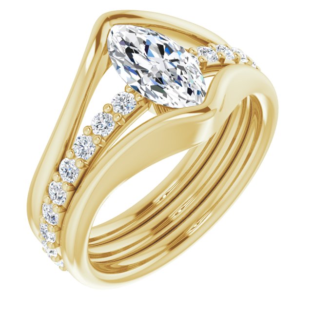 10K Yellow Gold Customizable Bezel-set Marquise Cut Style with Thick Pavé Band