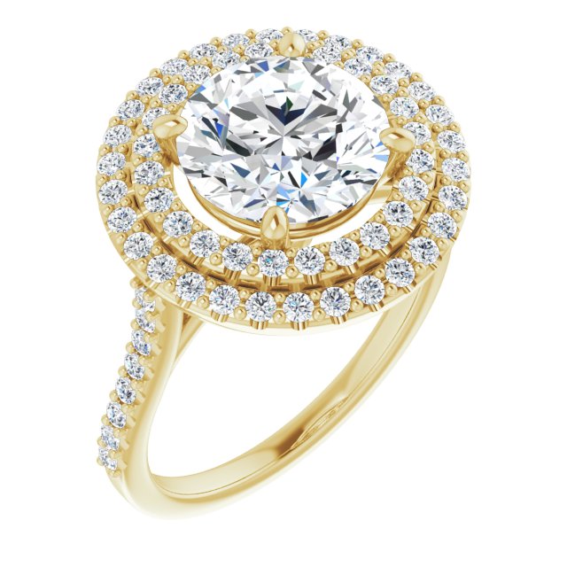 10K Yellow Gold Customizable Double-Halo Round Cut Design with Accented Split Band