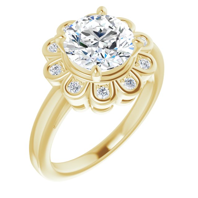 14K Yellow Gold Customizable 9-stone Round Cut Design with Round Bezel Side Stones