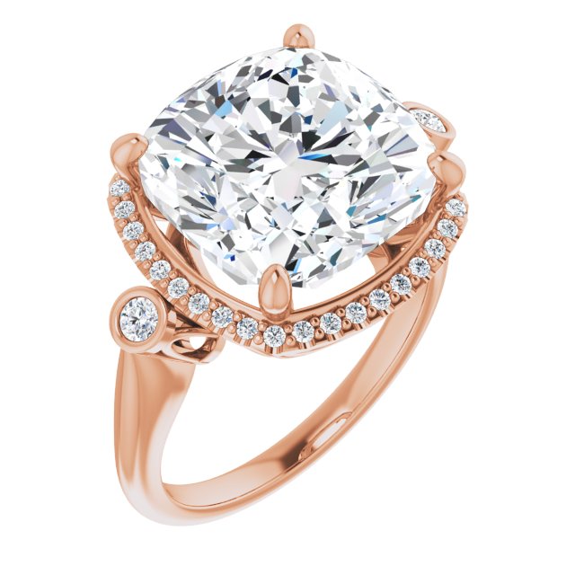 10K Rose Gold Customizable Cushion Cut Style with Halo and Twin Round Bezel Accents