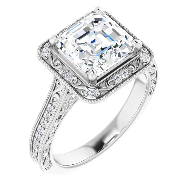 10K White Gold Customizable Vintage Artisan Asscher Cut Design with 3-Sided Filigree and Side Inlay Accent Enhancements