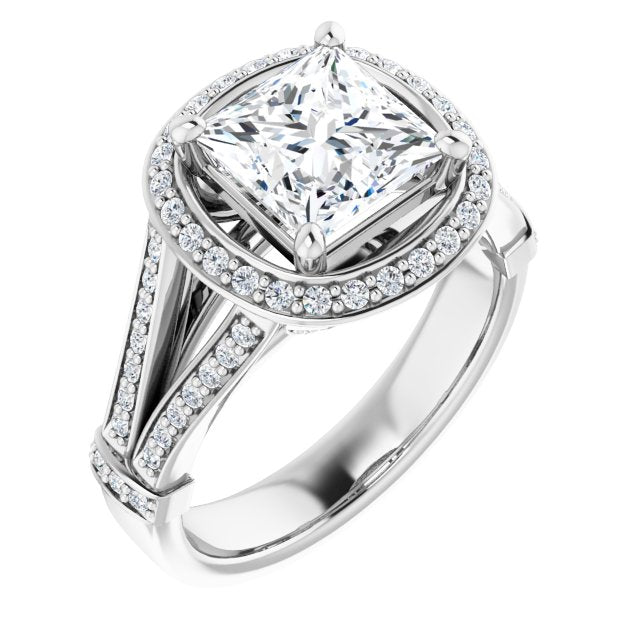 10K White Gold Customizable Princess/Square Cut Setting with Halo, Under-Halo Trellis Accents and Accented Split Band