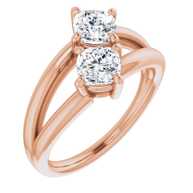 10K Rose Gold Customizable Two Stone Double Cushion Cut Design with Split Bypass Band