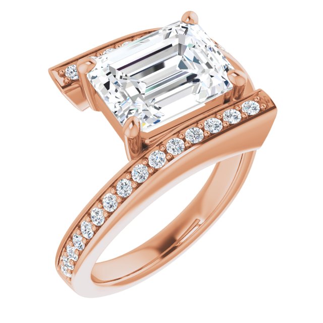 10K Rose Gold Customizable Faux-Bar-set Emerald/Radiant Cut Design with Accented Bypass Band