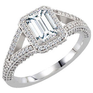 Cubic Zirconia Engagement Ring- The Penney (Emerald Cut 165-stone Vintage Design with Halo Setting and Pave Band)