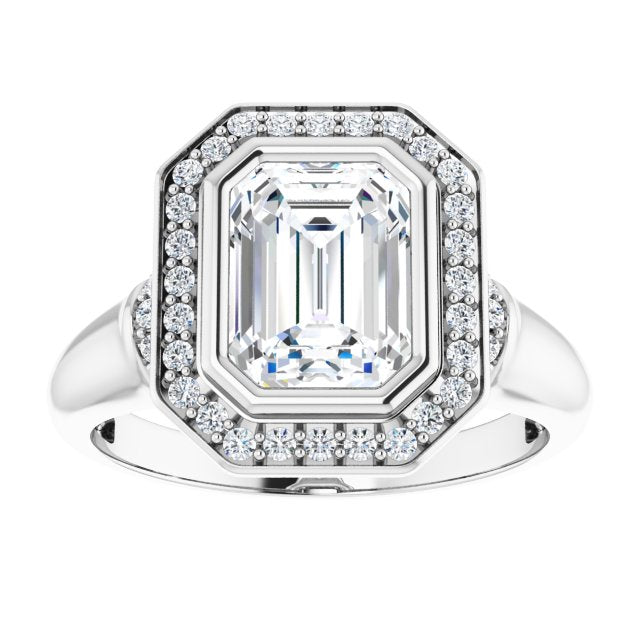 Cubic Zirconia Engagement Ring- The Vilde (Customizable Bezel-set Emerald Cut Design with Halo and Vertical Round Channel Accents)