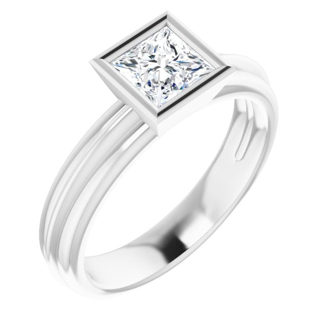 10K White Gold Customizable Bezel-set Princess/Square Cut Solitaire with Grooved Band
