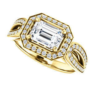 CZ Wedding Set, featuring The Jordyn Elitza engagement ring (Customizable Halo-Style Emerald Cut with Twisting Pavé Split-Shank)