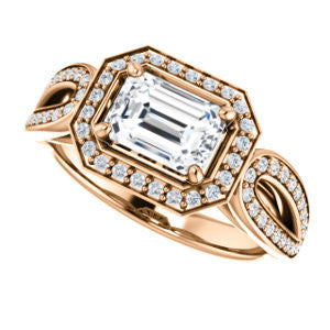 CZ Wedding Set, featuring The Jordyn Elitza engagement ring (Customizable Halo-Style Emerald Cut with Twisting Pavé Split-Shank)