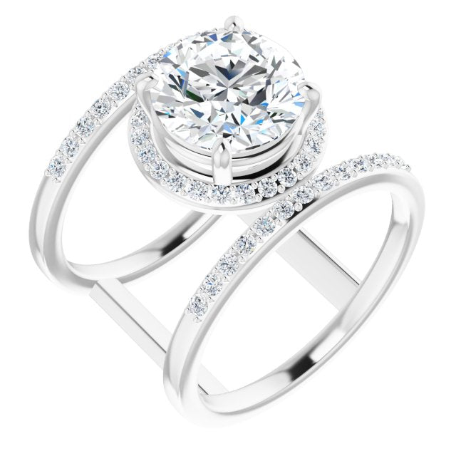 18K White Gold Customizable Round Cut Halo Design with Open, Ultrawide Harness Double Pavé Band