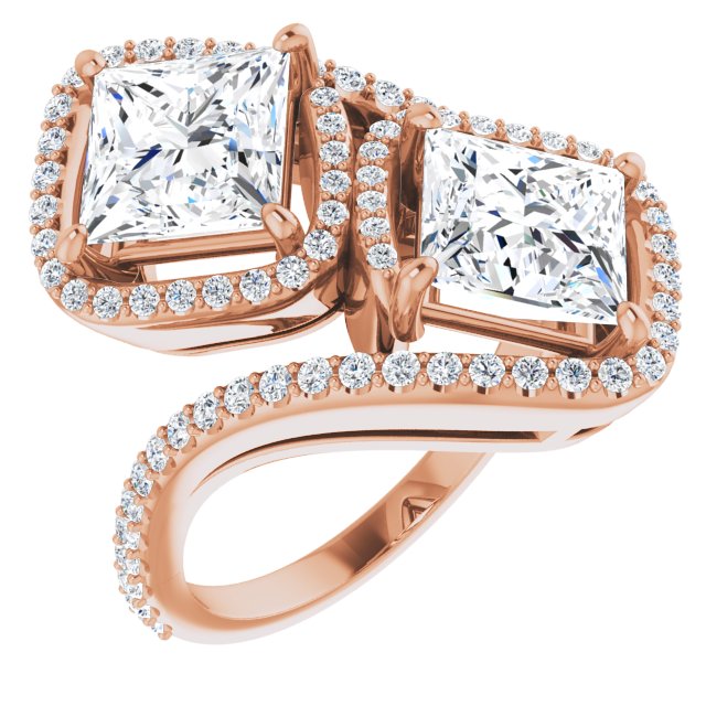 10K Rose Gold Customizable Double Princess/Square Cut 2-Stone Style Enhanced with Accented Artisan Bypass Band