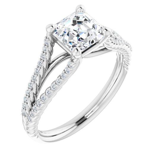 10K White Gold Customizable Asscher Cut Style with Split Band and Rope-Pavé