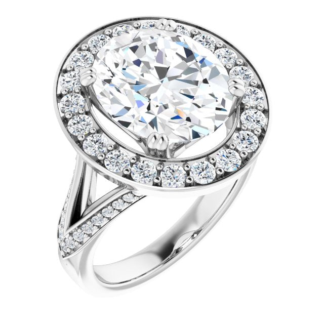 10K White Gold Customizable Oval Cut Center with Large-Accented Halo and Split Shared Prong Band