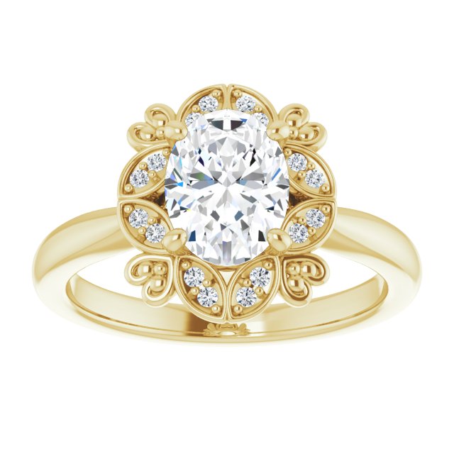 Cubic Zirconia Engagement Ring- The Hé Zhang (Customizable Oval Cut Design with Floral Segmented Halo & Sculptural Basket)