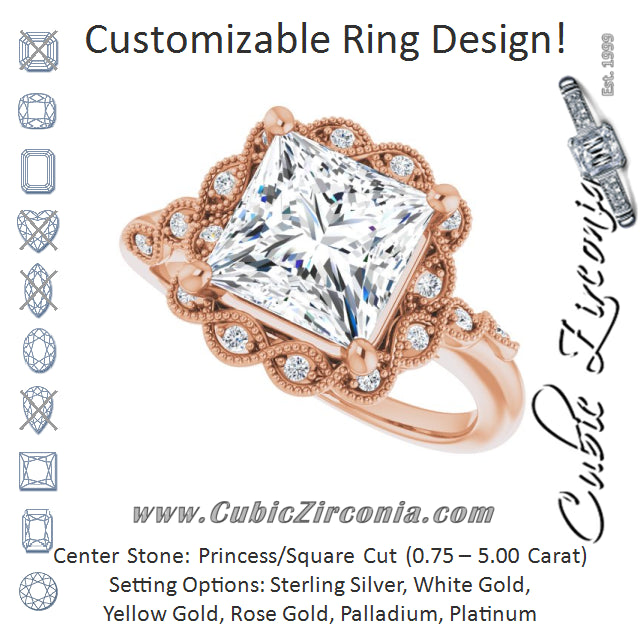 Cubic Zirconia Engagement Ring- The Makayla Belle (Customizable 3-stone Design with Princess/Square Cut Center and Halo Enhancement)