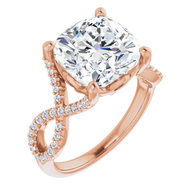 10K Rose Gold Customizable Cushion Cut Design with Twisting Infinity-inspired, Pavé Split Band