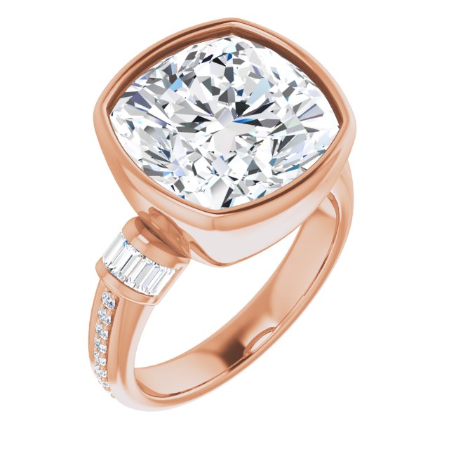 10K Rose Gold Customizable Cathedral-Bezel Cushion Cut Style with Horizontal Baguettes & Shared Prong Band