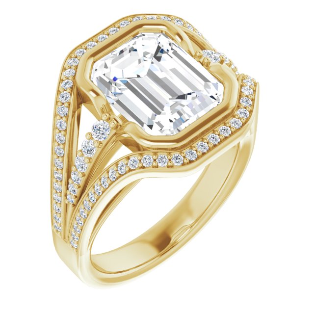 10K Yellow Gold Customizable Cathedral-Bezel Emerald/Radiant Cut Design with Wide Triple-Split-Pavé Band