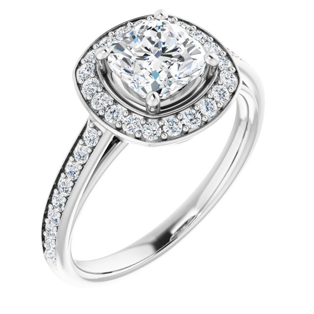 10K White Gold Customizable Cathedral-raised Cushion Cut Halo-and-Accented Band Design