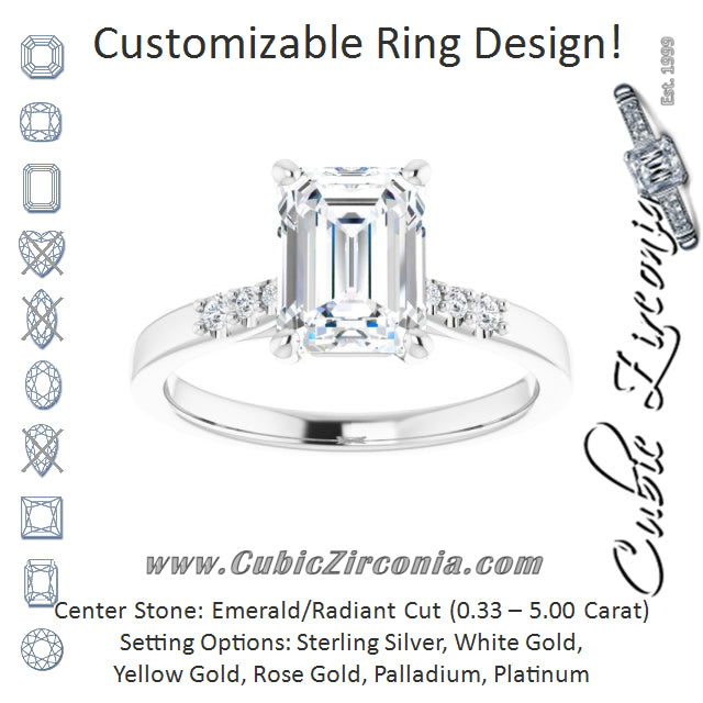 Cubic Zirconia Engagement Ring- The Kayla Love (Customizable 7-stone Radiant Cut Cathedral Style with Triple Graduated Round Cut Side Stones)