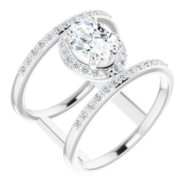 Cubic Zirconia Engagement Ring- The Jersey (Customizable Oval Cut Halo Design with Open, Ultrawide Harness Double Pavé Band)