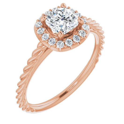 10K Rose Gold Customizable Cathedral-set Cushion Cut Design with Halo and Twisty Rope Band
