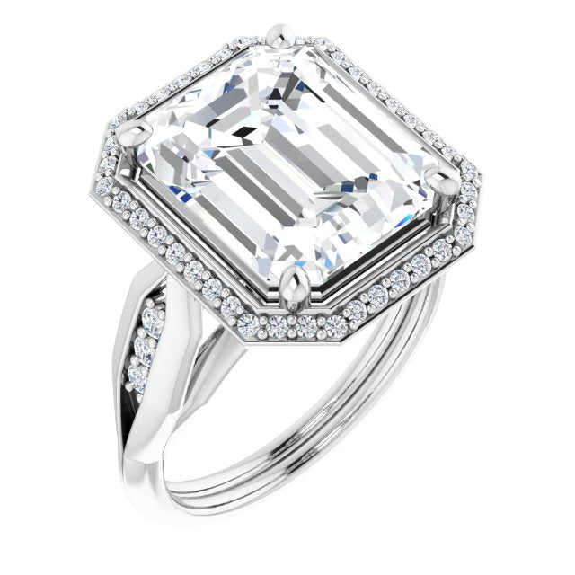 10K White Gold Customizable Cathedral-raised Emerald/Radiant Cut Design with Halo and Tri-Cluster Band Accents