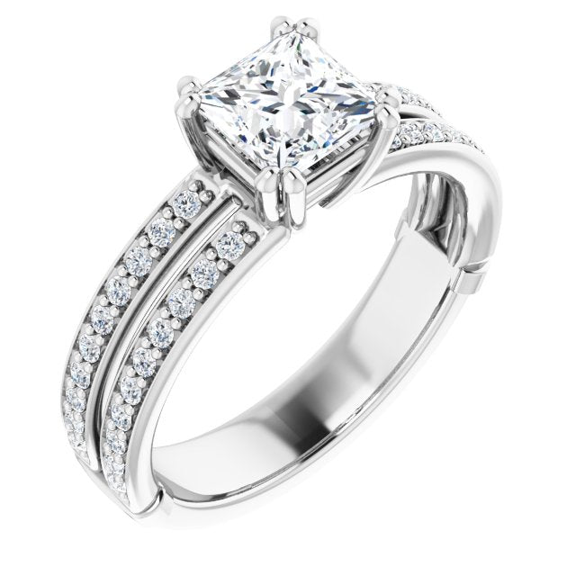 10K White Gold Customizable Princess/Square Cut Design featuring Split Band with Accents