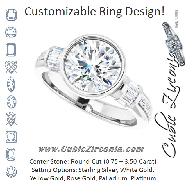 Cubic Zirconia Engagement Ring- The Danna (Customizable Cathedral-Bezel Round Cut Style with Horizontal Baguettes & Shared Prong Band)