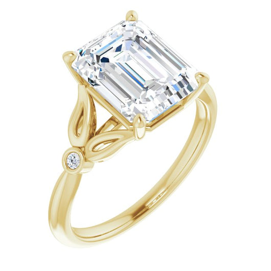 10K Yellow Gold Customizable 3-stone Emerald/Radiant Cut Design with Thin Band and Twin Round Bezel Side Stones