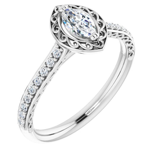10K White Gold Customizable Marquise Cut Halo Design with Filigree and Accented Band