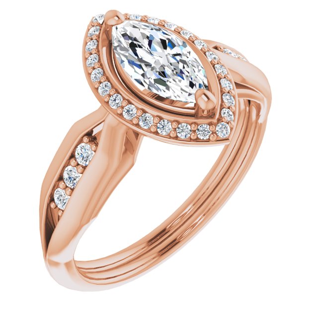 10K Rose Gold Customizable Cathedral-raised Marquise Cut Design with Halo and Tri-Cluster Band Accents