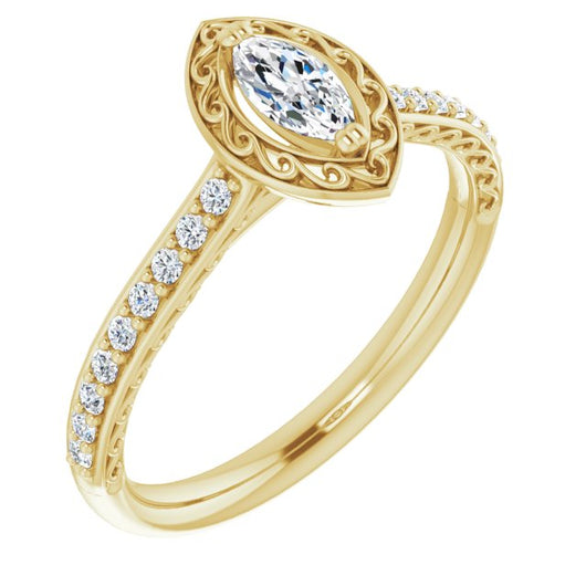 10K Yellow Gold Customizable Marquise Cut Halo Design with Filigree and Accented Band