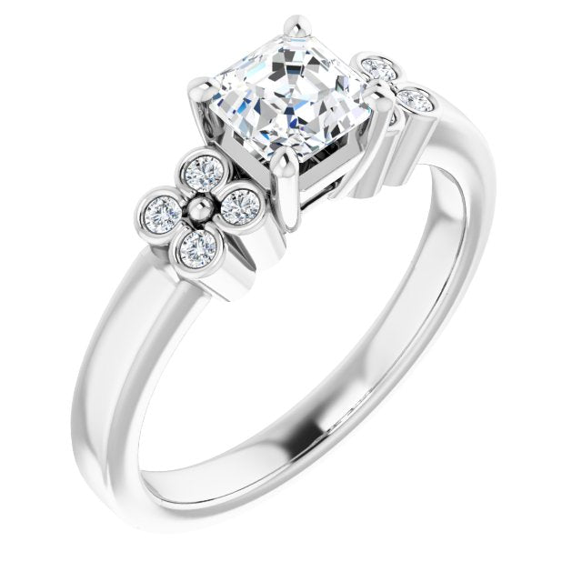10K White Gold Customizable 9-stone Design with Asscher Cut Center and Complementary Quad Bezel-Accent Sets