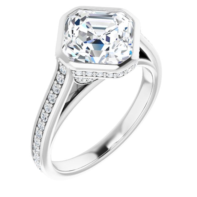10K White Gold Customizable Cathedral-Bezel Asscher Cut Design with Under Halo and Shared Prong Band