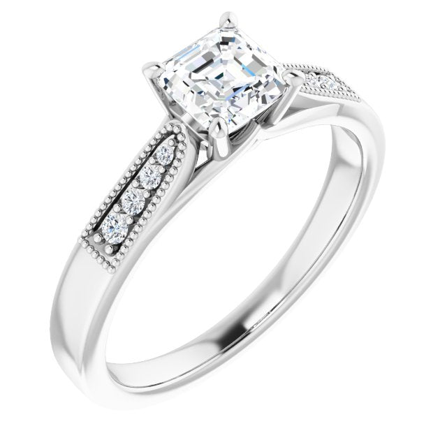 10K White Gold Customizable 9-stone Vintage Design with Asscher Cut Center and Round Band Accents