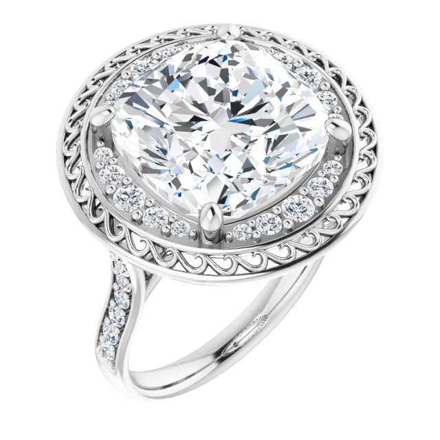 10K White Gold Customizable Cathedral-style Cushion Cut featuring Cluster Accented Filigree Setting & Shared Prong Band