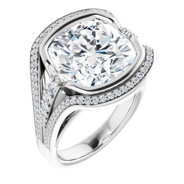10K White Gold Customizable Cathedral-Bezel Cushion Cut Design with Wide Triple-Split-Pavé Band