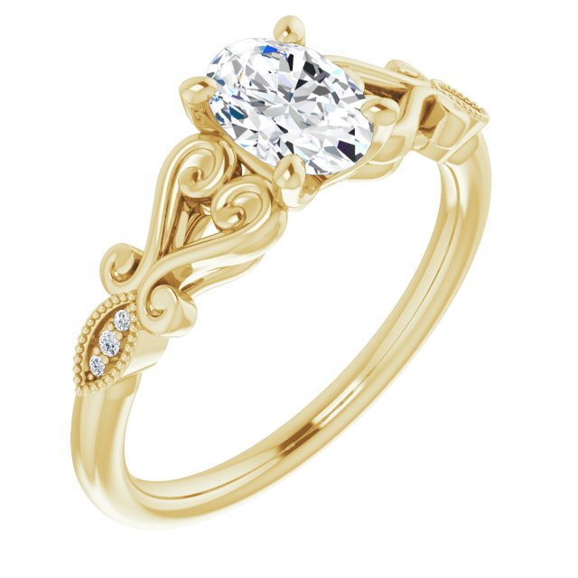 10K Yellow Gold Customizable 7-stone Design with Oval Cut Center Plus Sculptural Band and Filigree
