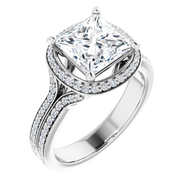 Cubic Zirconia Engagement Ring- The Dionne (Customizable Cathedral-raised Princess/Square Cut Setting with Halo and Shared Prong Band)